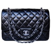 Chanel Jumbo Quilted Classic Black Sheepskin Flap Bag A58600 Silver JK695mV18