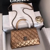 Chanel original Caviar leather flap bag top handle A92290 bronze&silver-Tone Metal JK4748NP24