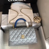 Chanel original Caviar leather flap bag top handle B92292 light blue&Gold-Tone Metal JK4762fr81