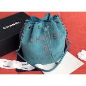 CHANEL Tweed Calfskin drawstring bag & Gold-Tone Metal AS0455 blue JK4456Oj66