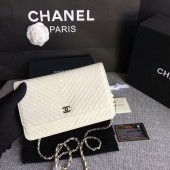 Chanel WOC Flap Shoulder Bag Offwhite Calfskin Leather A33814 Silver JK5609su78