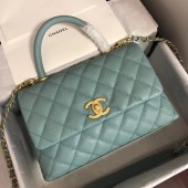 Fake Chanel original Caviar leather flap bag top handle A92290 green &gold-Tone Metal JK4721yQ90