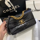 Fake Cheap CHANEL 19 Flap Bag Crocodile Leather AS1160 black JK4112Kt89